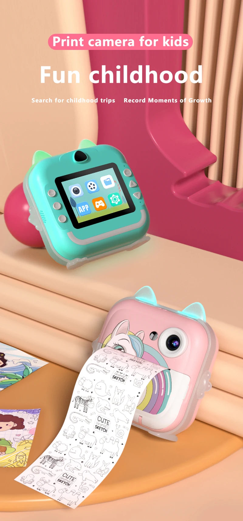 Print Camera for Kids Bluetooth Wireless Inkless Instant Print Connected APP Take Photo Video Record Camera Boys Girls Gift Toys