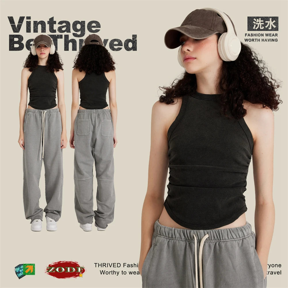 ZODF Women 2025 Hotsweet Girls Washed Cotton Tank Tops Female 315gsm Slim Pleated Arc Hem Camisole TEE Brand Tops HY0574