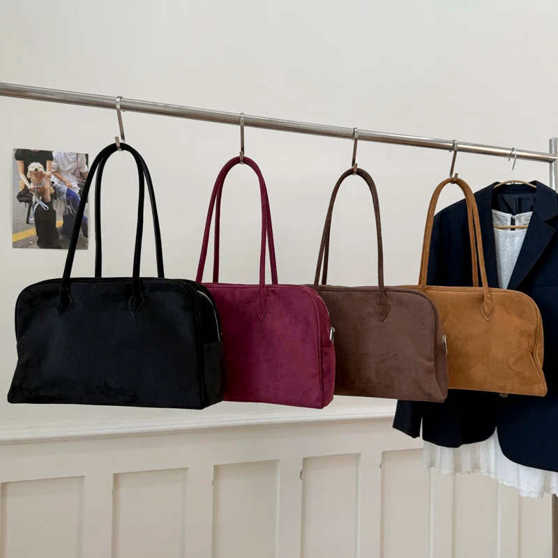 Vintage Women Business Shoulder Bags Simple Ladies Commute Tote Bag Suede Leather Female Underarm Bag Burgundy Large Handbags