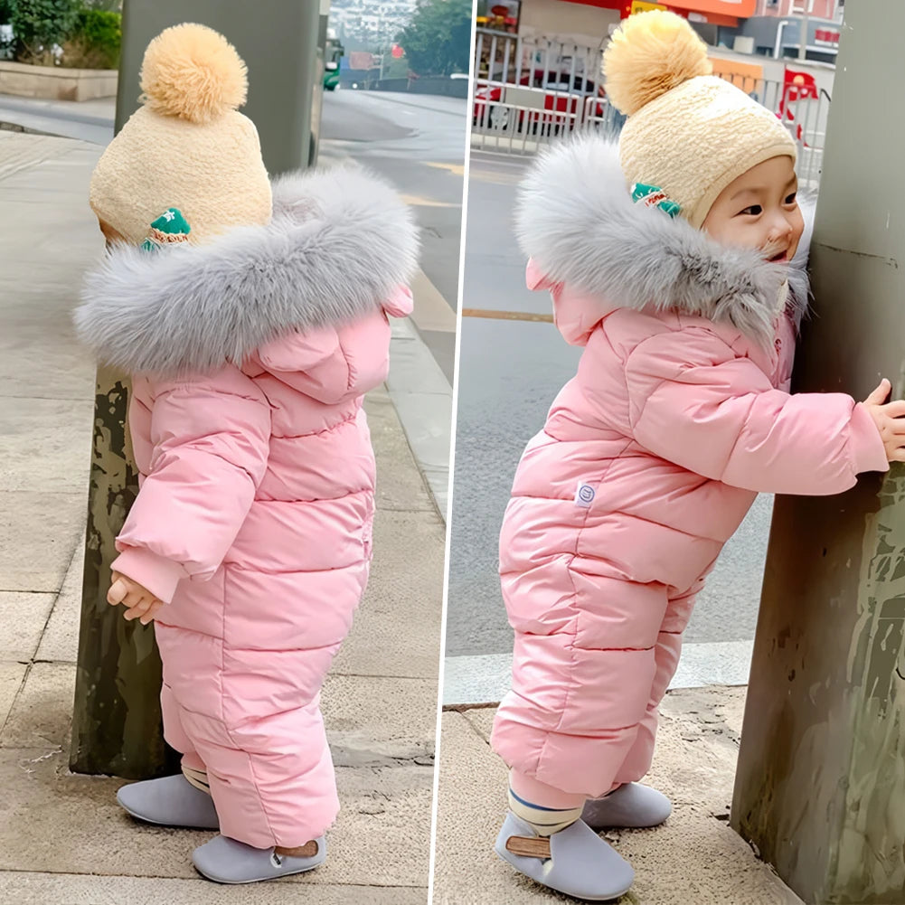 Baby Fur Hooded Jumpsuit,Waterproof -30 Degrees Snowsuits,Toddler Children's Winter Overalls,Infant Boys Girls Down Jacket 1-3T