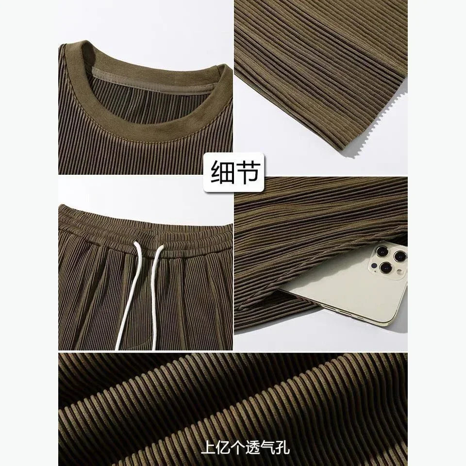 Men's Wrinkled Ice Silk Sports Set 2026 Summer New Short sleeved Long Pants Two piece Set Fashionable Breathable and Cool