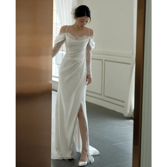 Wedding Dresses For Parties   Satin One Shoulder French Style New Suspender Simple Trailing Lace Dress