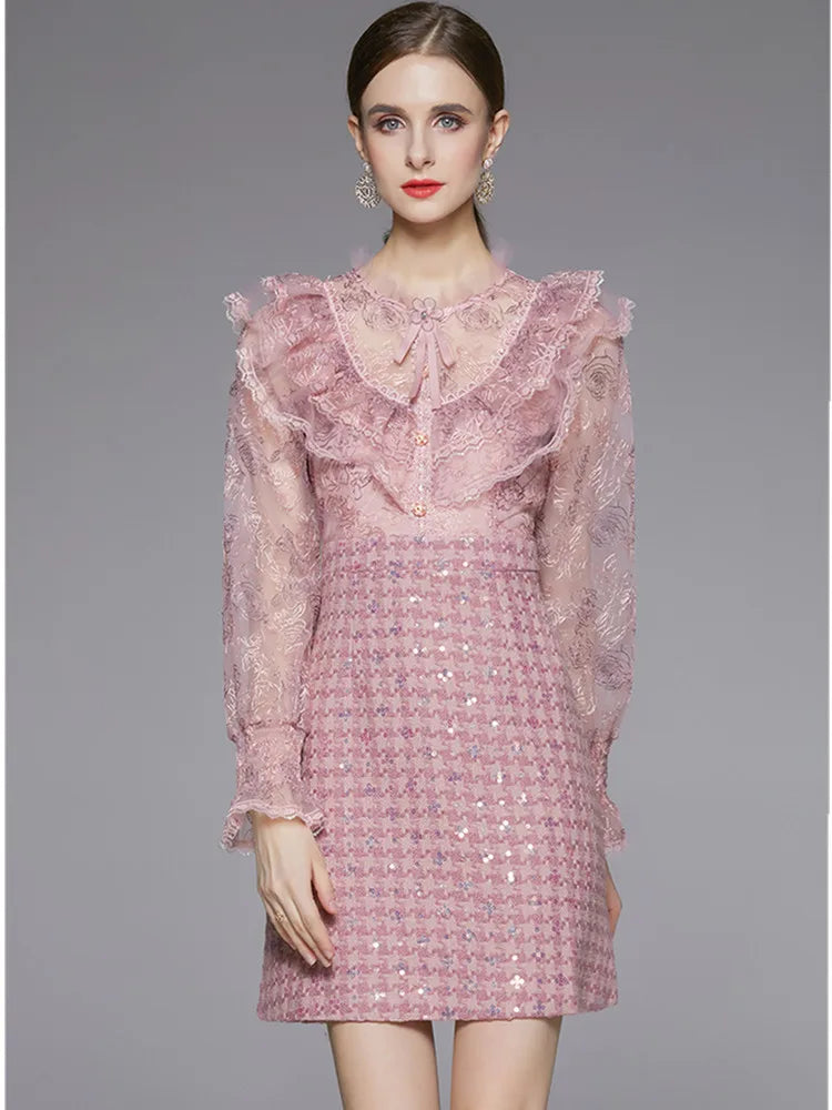 Light Luxury Embroidery Sequin Tweed Patchwork Dresss Women's Stand Collar  Long Sleeve Ruffle Woolen Dress Female Clothing