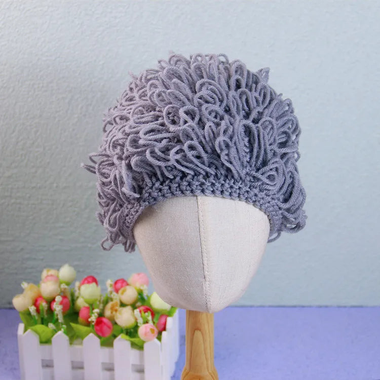 Cosplay Kids Boy Girl Hat Cute Old Lady Woman Curly Hair Wig Cap Skullies Beanies Winter Warm Knit Children Baby Hats and Caps