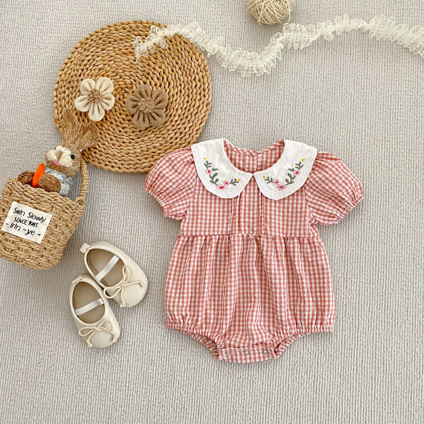 0-3Yrs Toddler Baby Girls Rompers Embroidery Bodysuit Girls Jumpsuits Princess Girls Pink Grid Rompers Toddler Summer Clothing