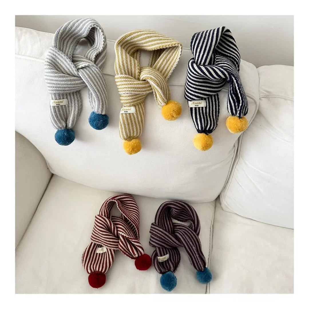 Warm Winter Neck Warmer 2025 Kids Striped Knitted Scarf with Cute Pom Poms Soft Fashion Accessory for Baby Toddler Boys Girls