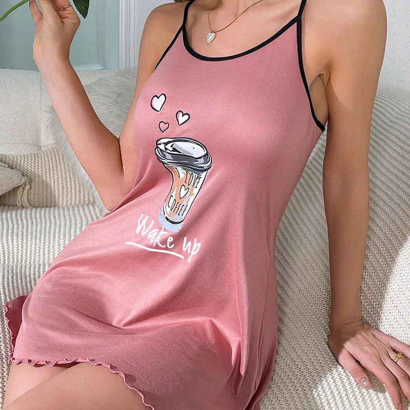 Women's Sleepwear Loungewear Casual Sexy Print Lettuce Trim Crew Neck Backless Sleep Dress Slip Nightdress Nightgown Sleepshirt