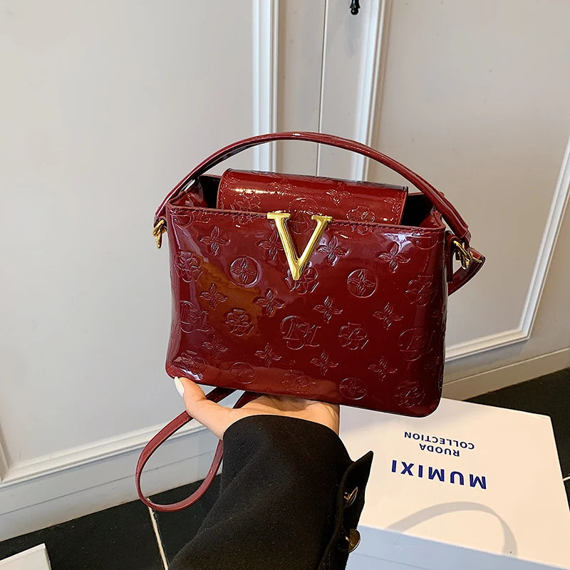 Elegant Trendy Smooth Shiny PU Solid Color Women Shoulder Bag Pattern Print Deco Handbag Crossbody Bag for Outings Party Travel