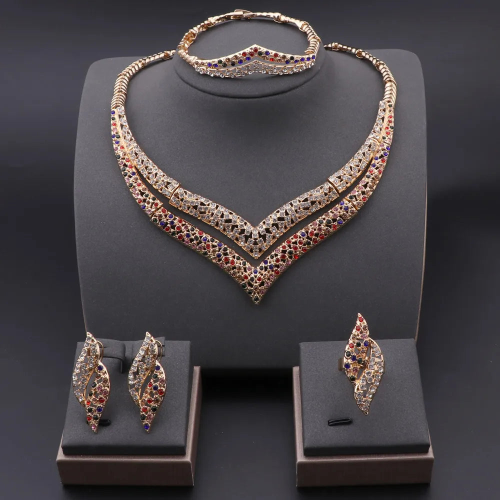 Dubai Gold Color Jewelry Set Fashion Women Necklace Earrings Bracelet And Ring 4PCS Set Jewelry Wedding Party Gift