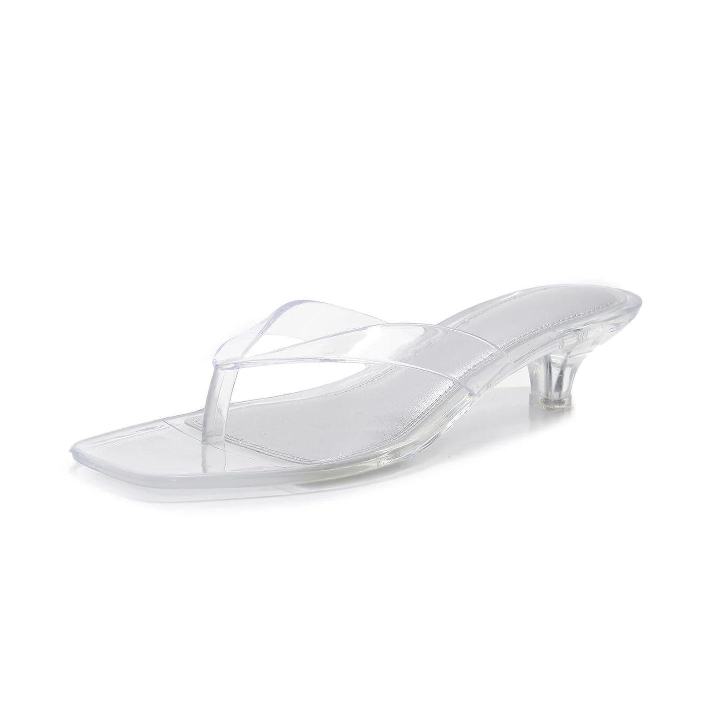 Vacation Elegant Kitten Heel Thong Sandals, Square Toe Clear Brown Jelly Flip Flops, Women Summer Comfortable Beach Party Shoes