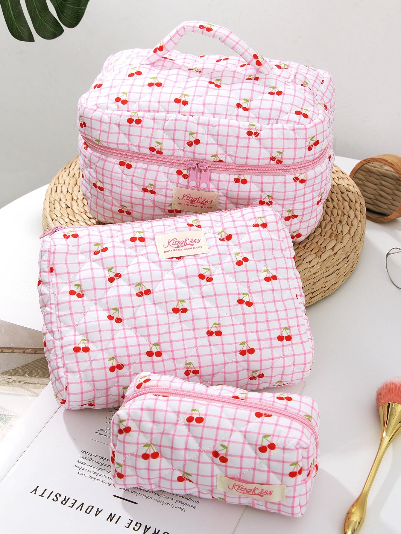 1pc/set Large Pink Cherry Quilted Makeup Bag, Cute Makeup Bag, Travel Makeup Bag, Makeup Storage Bag for Women Girls