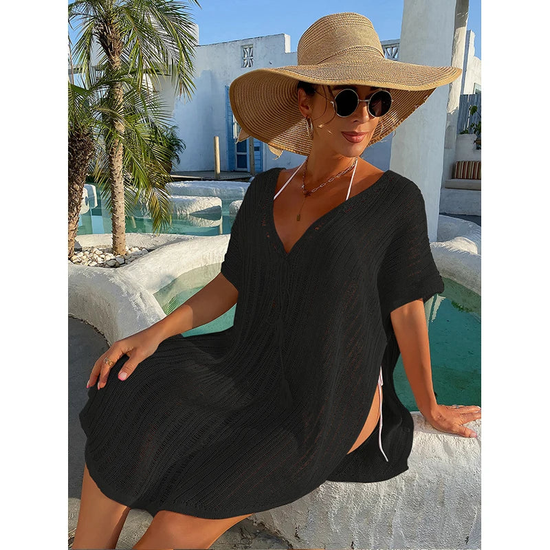 Knitting Binding Rope Bikini Cover Up Sexy Hollow Loose Dress Female Summer Swimsuit Beach Sunscreen Smock Dress
