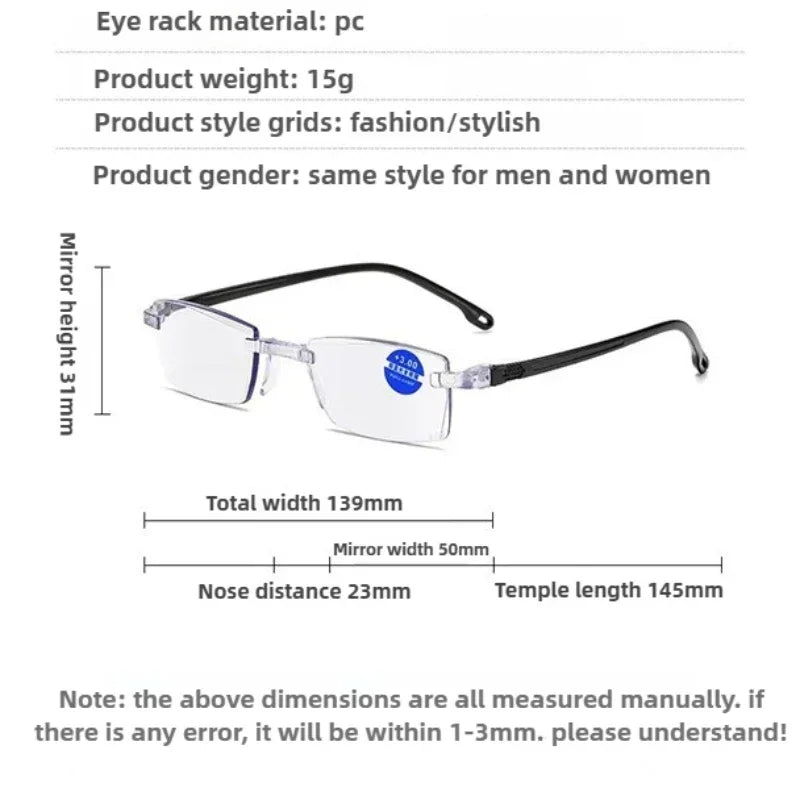 Anti Blue Light Reading Glasses HD Photochromic Lightweight Rimless Presbyopic Glasses For Men Women Seniors Business Style New