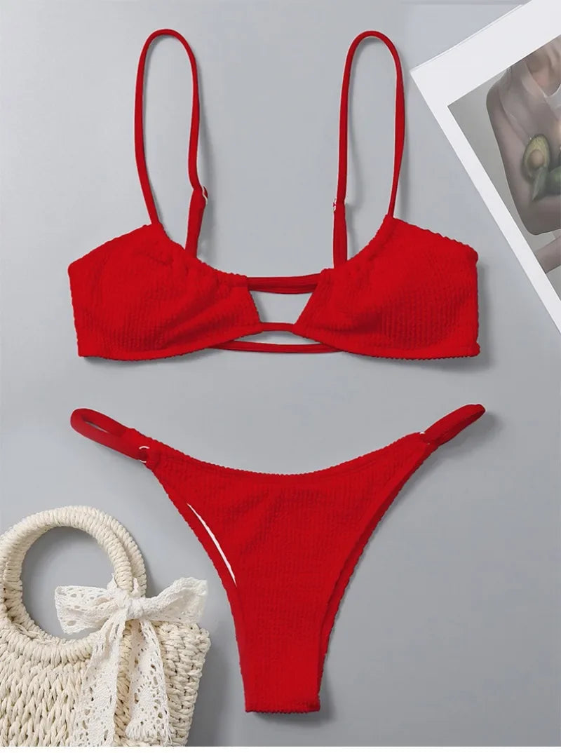 Sexy Ribbed Bandeau Mircro Mini Bikini Sets Two Pieces  Women Thong Swimsuit Female Bathing Suit Swimwear Biquini