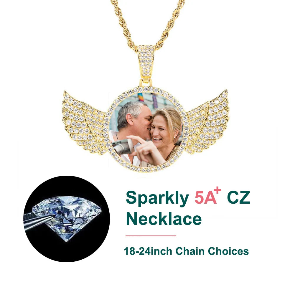 HHIOK Custom 18K Gold Plated Cubic Zircon Photo Pendant Medallions Wing Circle Pendant Necklace Personalized Wholesale