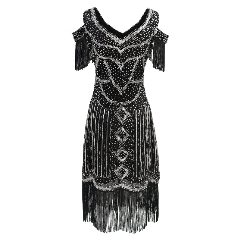 Women Fringe 1920s Flapper Dress 20s Gatsby Themed Party Dress Vintage V-neck Off Shoulder Sequin Beaded Cocktail Dress