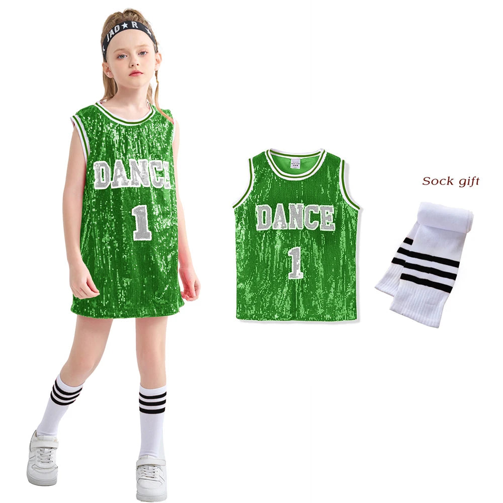 LOlanta Girls Hip Hop Dance Clothes Kids Jersey Sequin Dress Long Tank Top Jazz Cheerleading T-Shirt