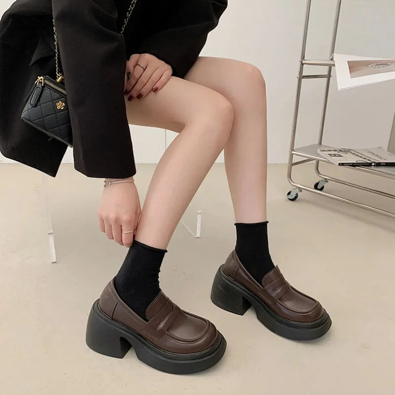 Ladies Pumps Evening Women's Shoes Luxury Leather Casual Cute Kawaii Platform Square Heels Round Toe Shoe Lastest High Quality E