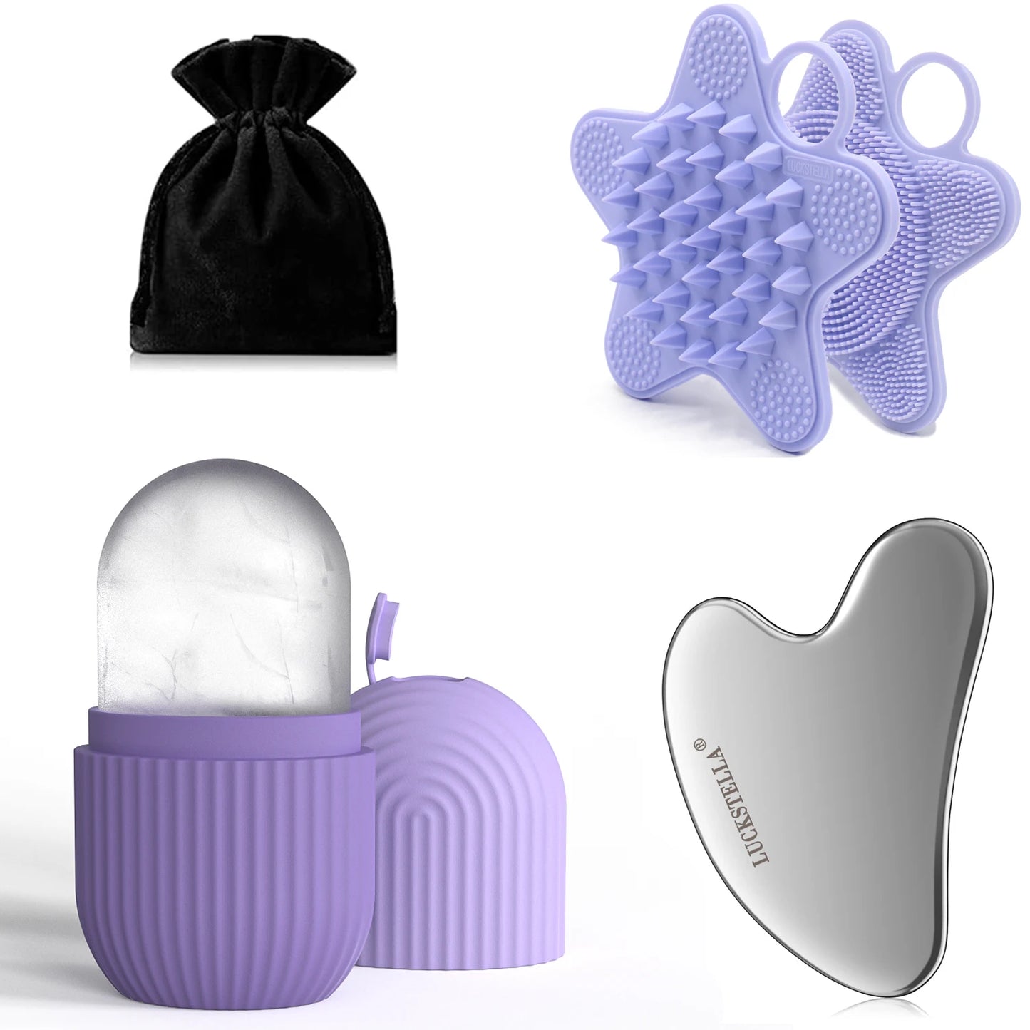 LUCKSTELLA 4Pcs Skin Care set Ice Face Roller &  Stainless Steel Gua Sha Board & Silicone Shower Brush Face Massage Roller