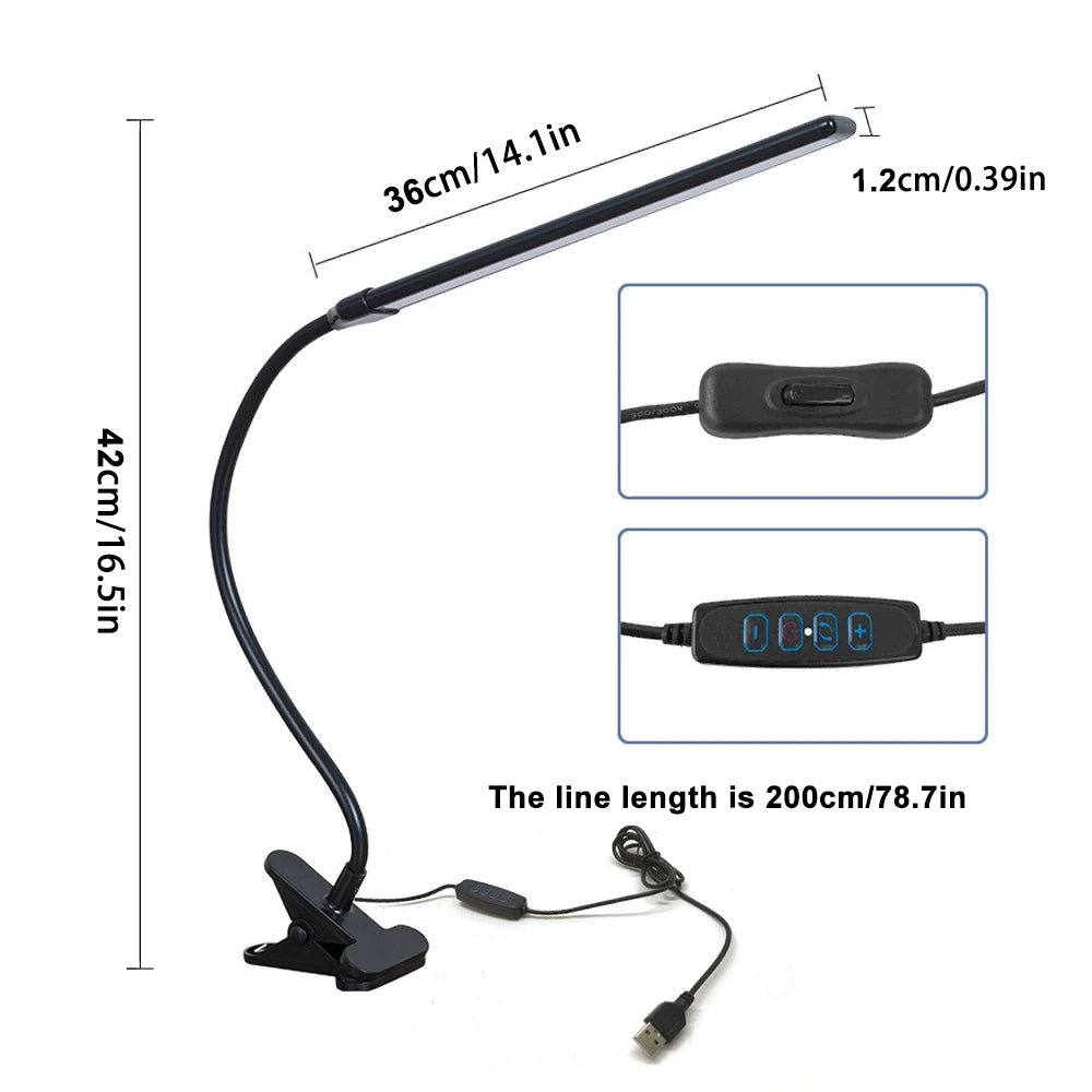 LED Single-Head Eye-Caring Desk Lamp 10 Brightness Levels 3 Lighting Mode Flexible Gooseneck Clamp Study Lamp USB PC Monito Lamp