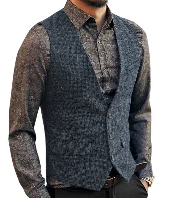 Deep V-Neck Suit Vests  Classical Formal  Business Herringbone  Wood Waistcoat Slim Fit Men's Vest For Wedding