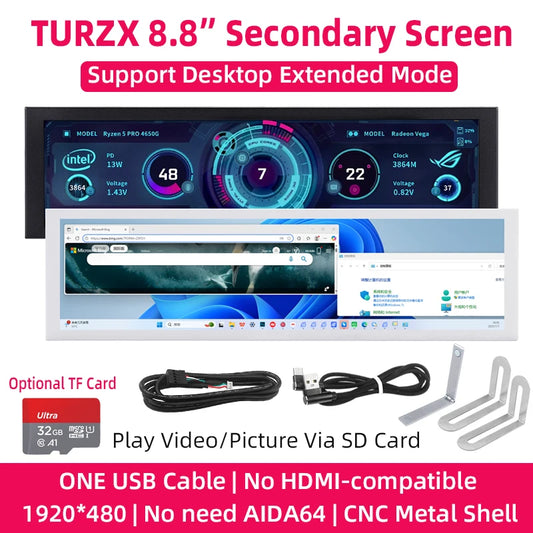 TURZX 8.8 Inch USB Secondary Screen Type-C Desktop Extended Display TF Card Play 1920*480 IPS LCD CPU RAM GPU Monitor NO AIDA64