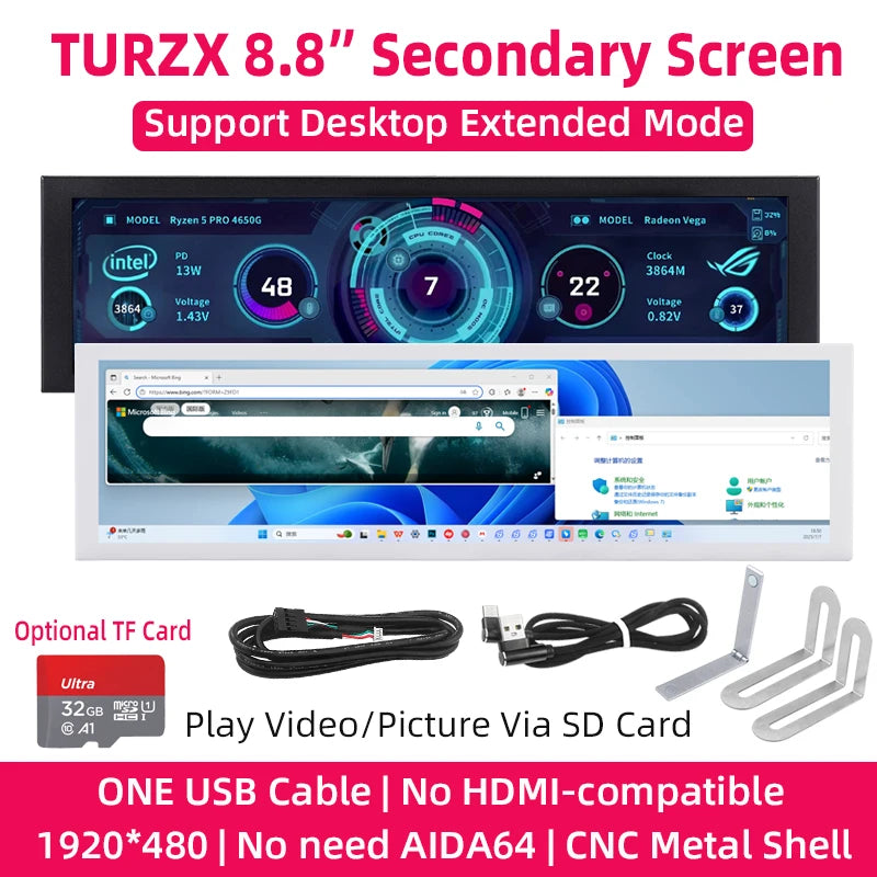 TURZX 8.8 Inch USB Secondary Screen Type-C Desktop Extended Display TF Card Play 1920*480 IPS LCD CPU RAM GPU Monitor NO AIDA64