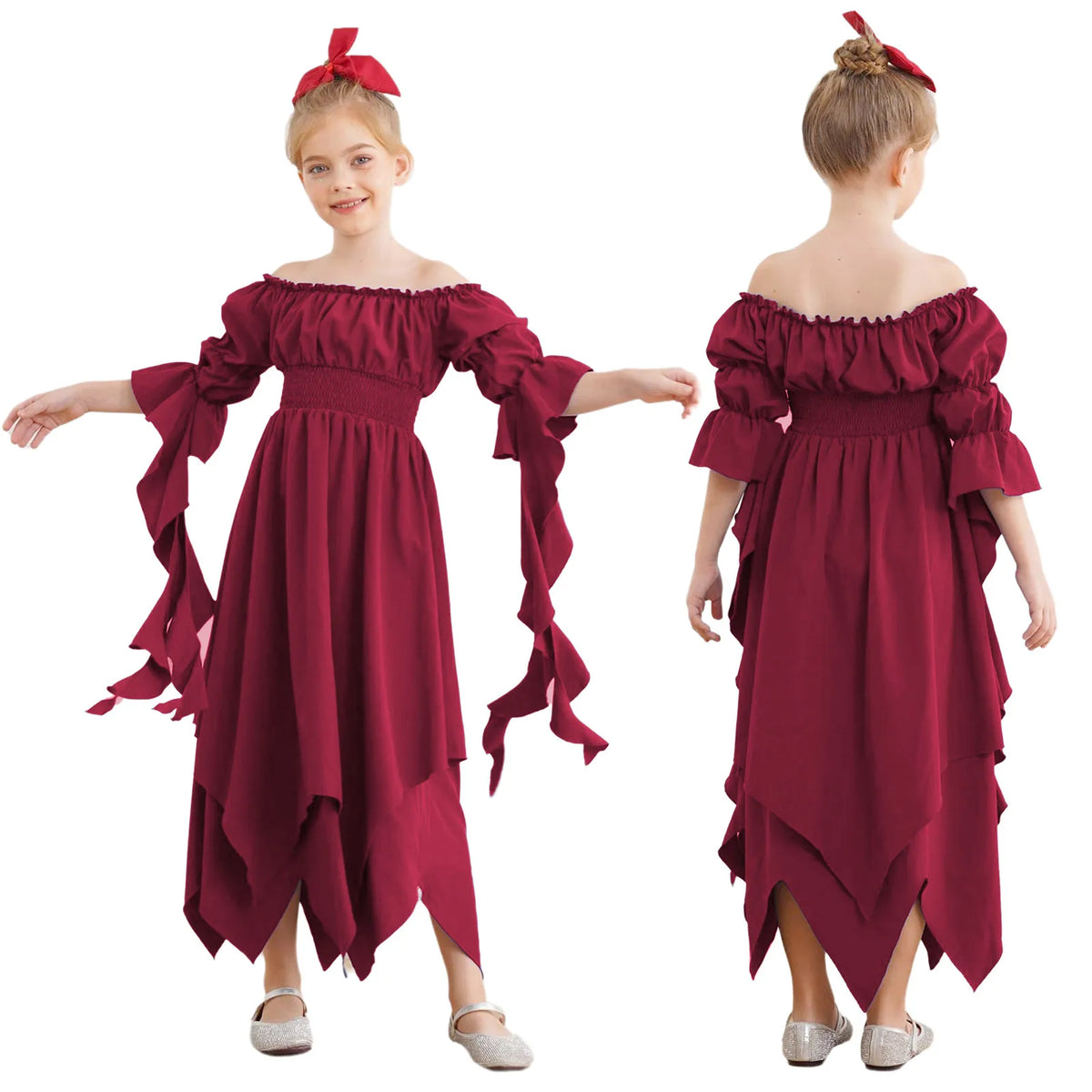Girls Halloween Medieval Renaissance Witch Vampire Cosplay Costume Victorian Gothic Dress Off Shoulder Smocked Irregular Gown