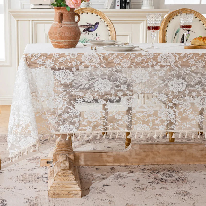 French Rose Lace Tablecloth, Rectangular Dining Tablecloth, Home Coffee Table Wedding Decoration Cover,