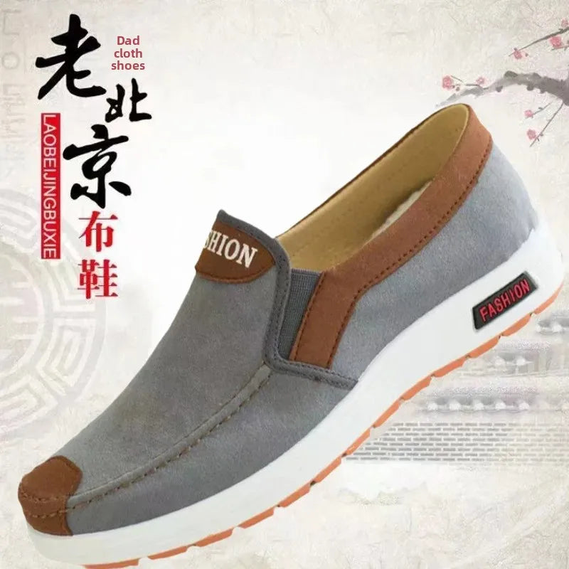 Beijing Men's Canvas Slip-On Shoes Soft Bottom Anti-Slip Breathable Casual Shoes round Toe Cotton Lined Plastic Outsole