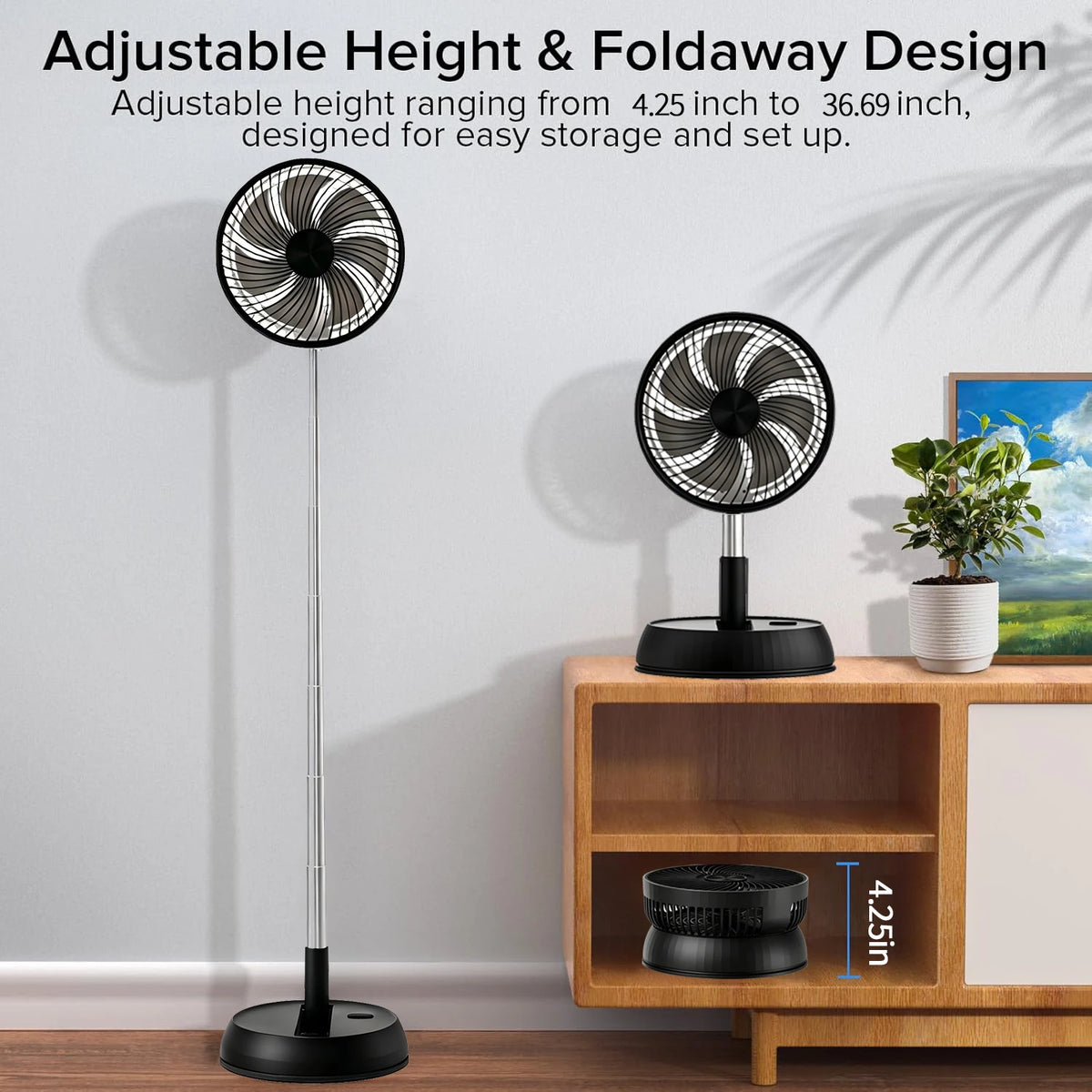 Home Bedroom Outdoor Camping Foldable Vertical Desktop Electric Fan Remote Control Silent Timed Left Right Rotation Black Fan