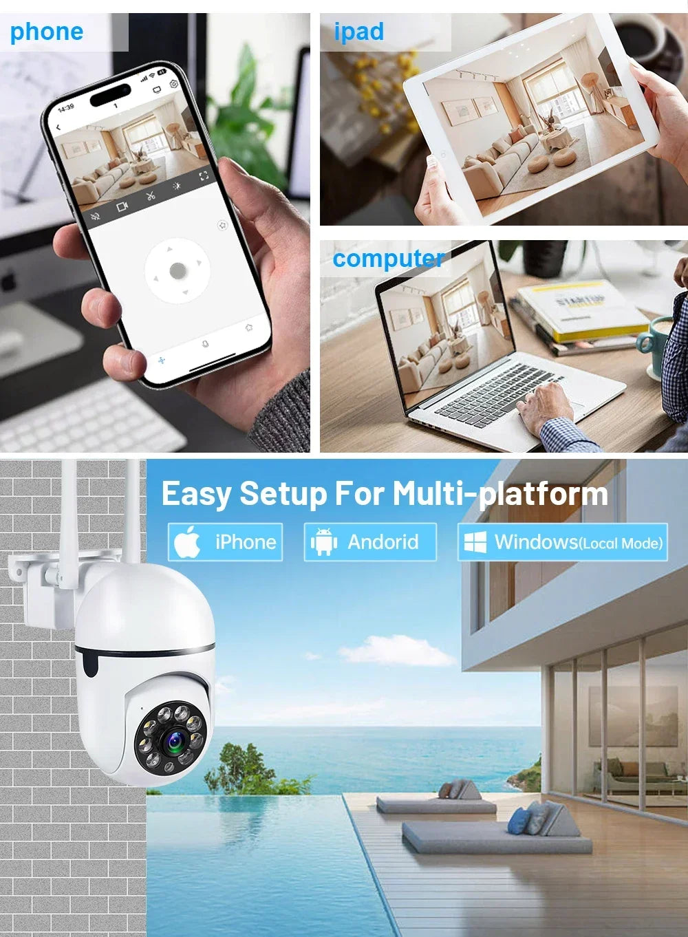 5G Wifi Video Surveillance Camera 5MP CCTV PTZ IP Camera Smart Human Tracking 4X Zoom Night Vision Full Color Outdoor Waterproof