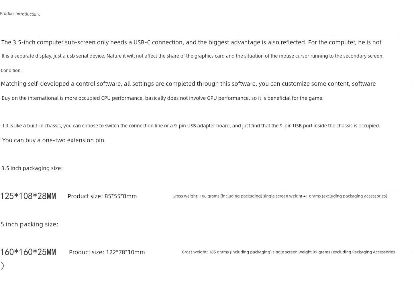 3.5-Inch Computer Status Monitoring Sub-Screen IPs Full View 60fps 480 * 320usb-C Chassis Aida64 Free