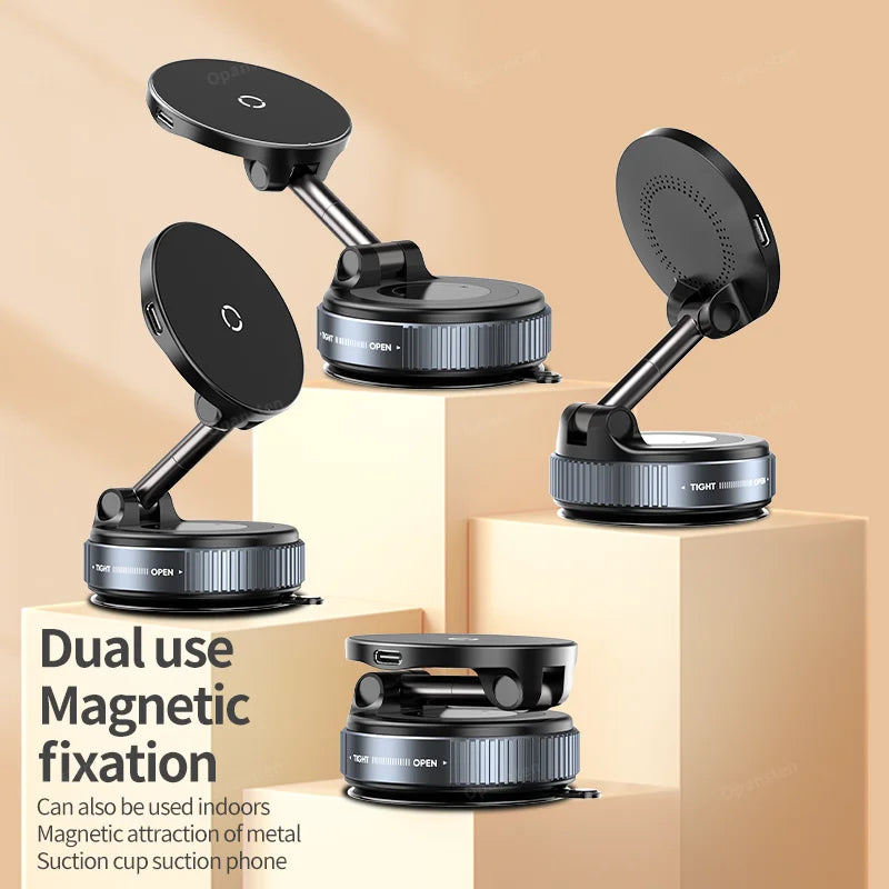 Super Strong Magnetic Car Wireless Charger Phone Holder 360° Rotation Vacuum Suction Cup For iPhone 12-16 Series Fast Charging
