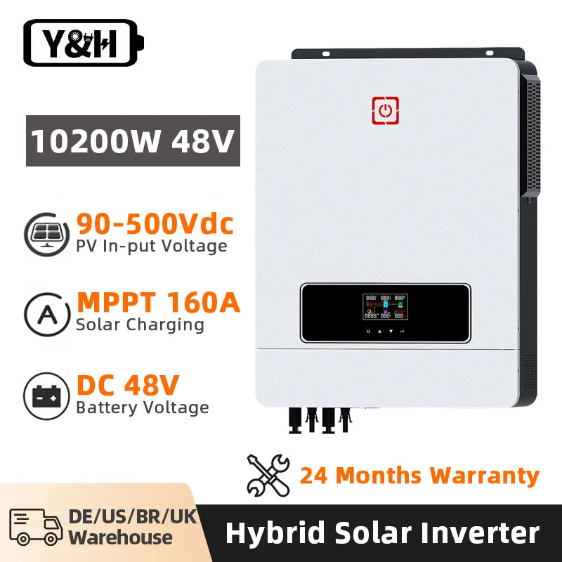 Y&H 10.2KW 2xMPPT Solar Hybrid Inverter 10KW Pure Sine Wave Inverter Built-in 160A Charge Controller Dual PV Input & AC Output