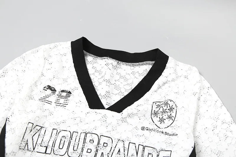 HLJ Y2K Sexy Lace Two Piece Set for Woman Letter Printing See Through Long Sleeve Crop Top + Shorts Suits Female Streetwear New