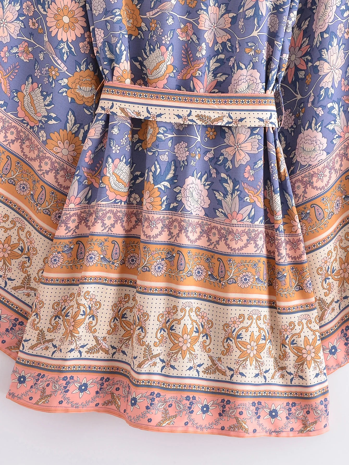BOHO Women Blue With Pink Flower Print Kimono Shirt Holiday Tide Bow Sashes Mid Long Cardigan Summer Blouse Beach Cape