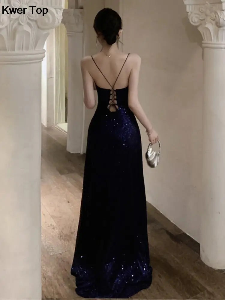 Women's Elegant V-neck Sequin Graduation Dresses Sexy Backless Split Bandage Runway Robe Summer Luxury Formal Occasion Clothes