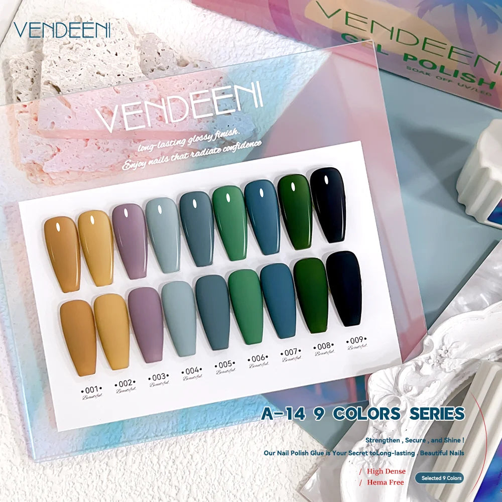 Vendeeni TPO HEMA Free 2025 Hot Sale High Quality 9-Color Nail Gel Polish Set Non-Toxic UV Gel Nail Art Kit for Nail Salon