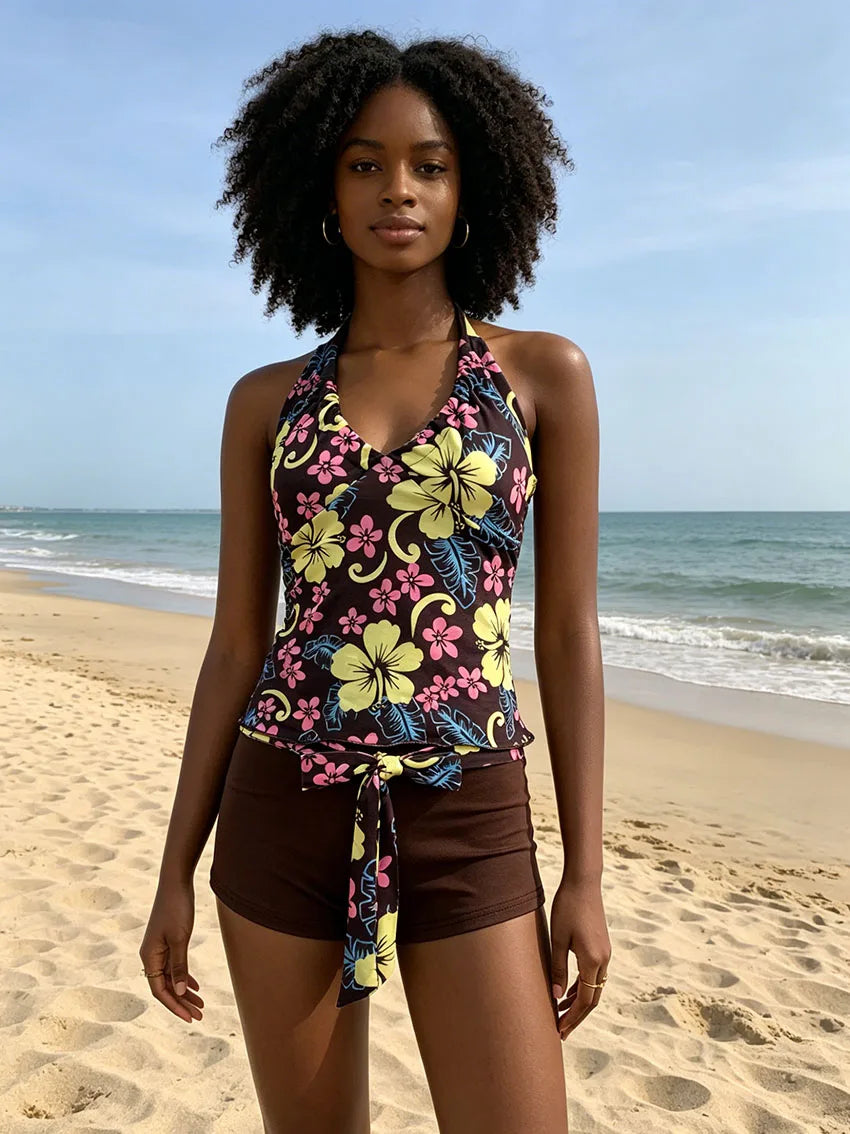 Retro Hawaiian Style Women Tankini Swimwear Floral Halter V Neck Shir Top Matching Brown Short Bottom Self Tie Waist Beach Suits