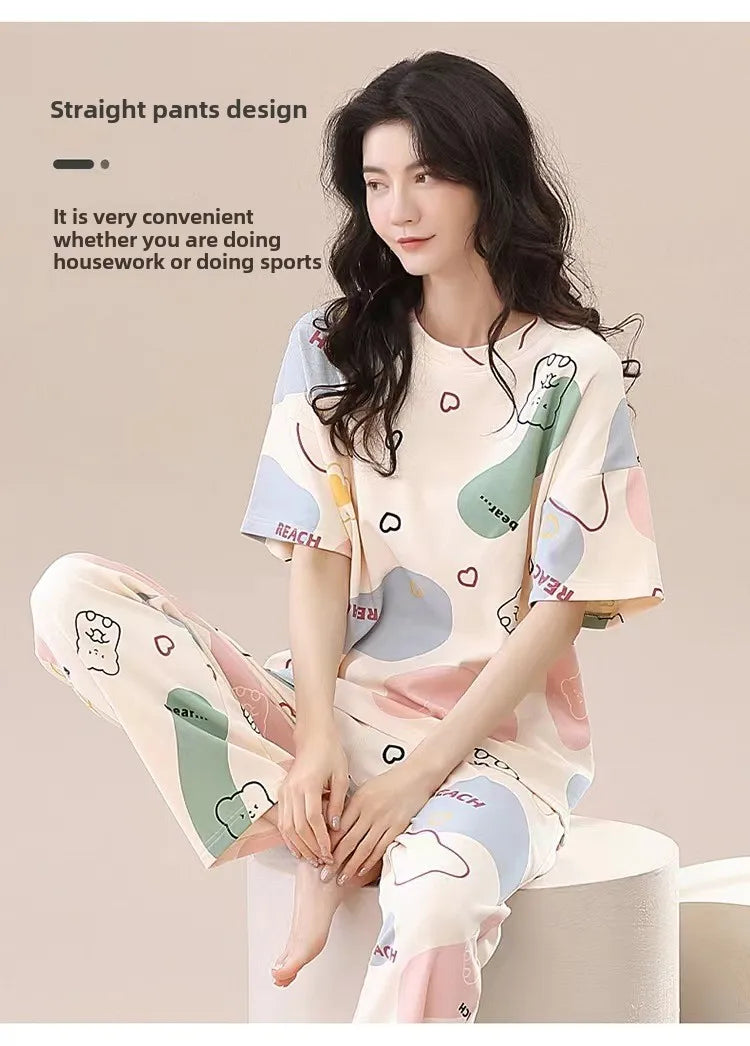 Pyjamas Set for Women‘s Short Sleeve Long Pants Student Casual Cartoon Bear Sweet Cuet Sleepwear Loungewear Romantic Nightwear