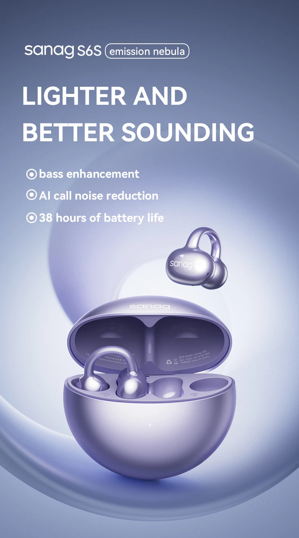 Sanag S6S Free Clip Open Ear Earphone Ear Clip 3D Stereo Sound Bluetooth 5.3 36H Playtime OWS Sport Headphones IPX4 Waterproof