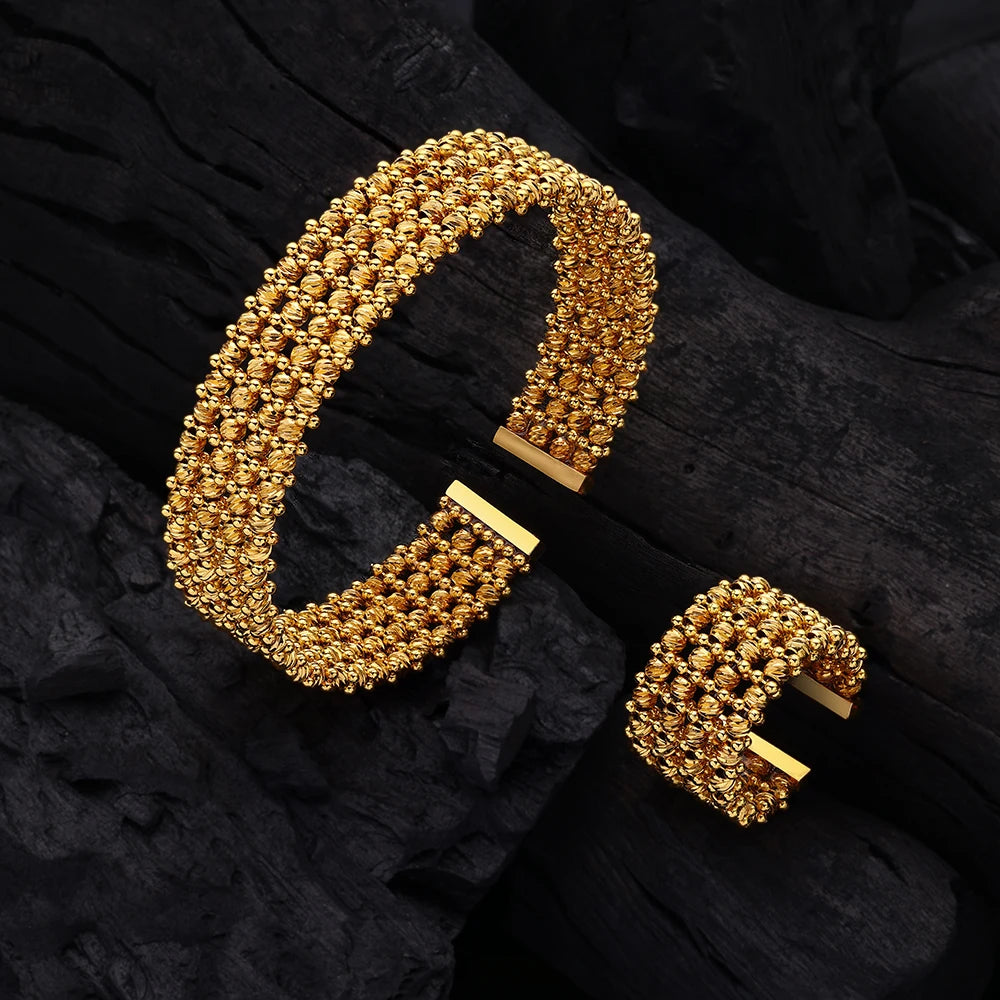 Luxury Cuff Bangles and Ring Set Gold Color Beads Arabic Dubai Wedding Bridal Jewelry Set Women Party 2 pcs Hand Jewelry
