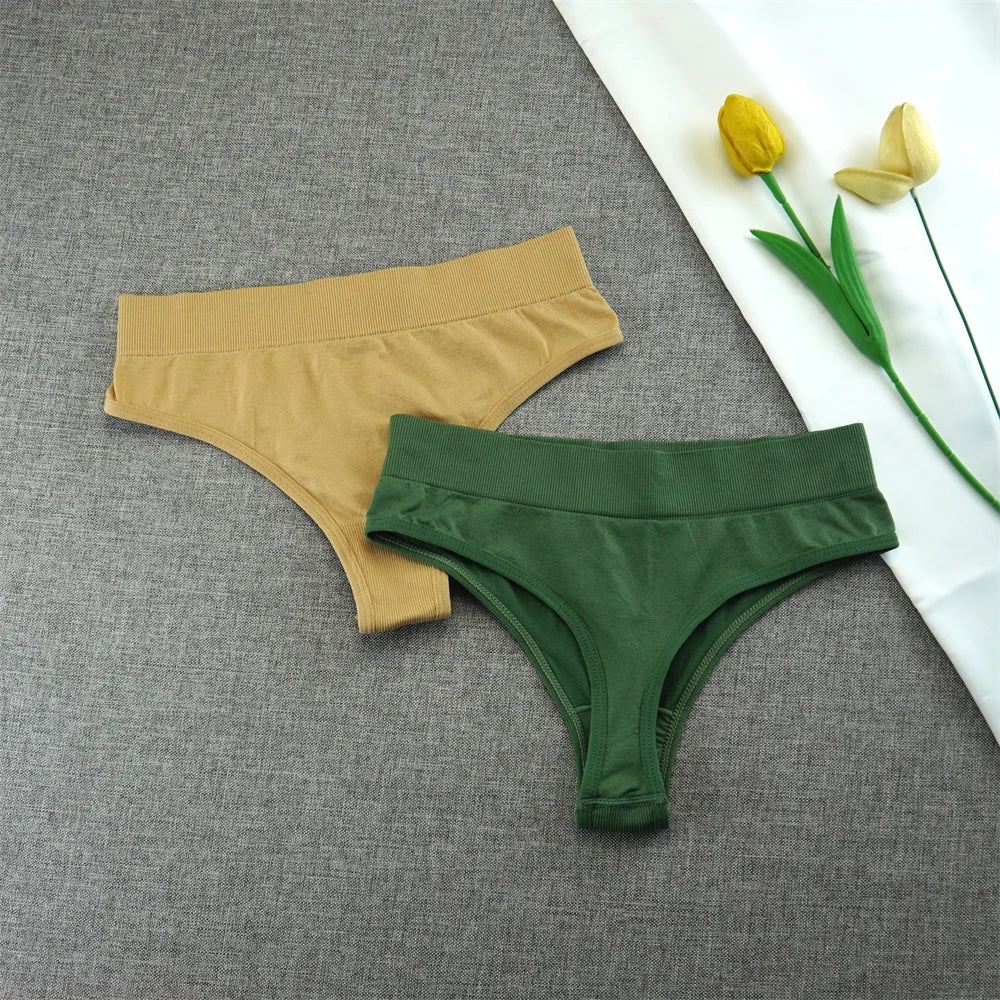 2pcs High Elastic Women T-back Seamless Plus Size Sports Underwear Solid Color Mid Waist Sexy Thong Europe Size S/M/L/XL/XXL