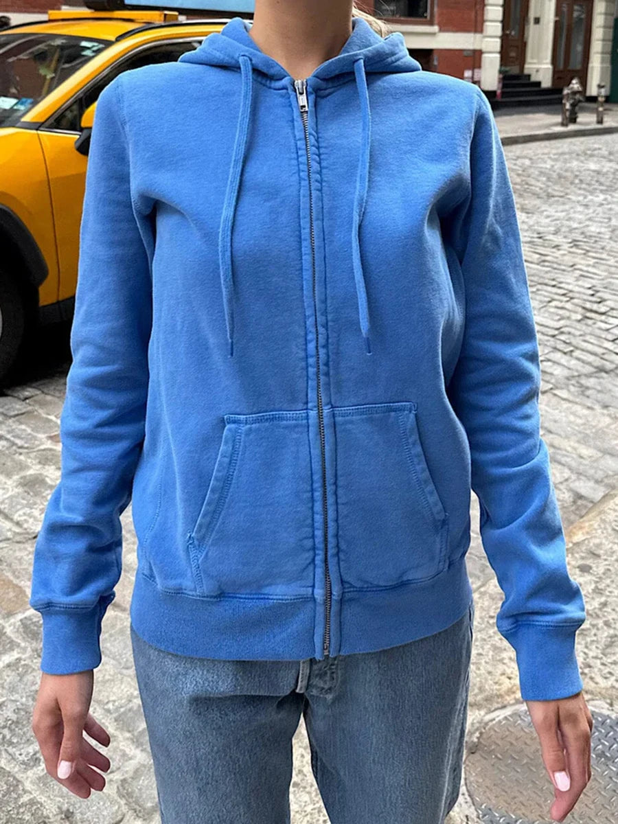 Blue Long Sleeve Zip-up Hoodies Women Autumn Pocket Drawstring Hooded Sweatshirts Preppy Style American Vintage Zipper Outerwear