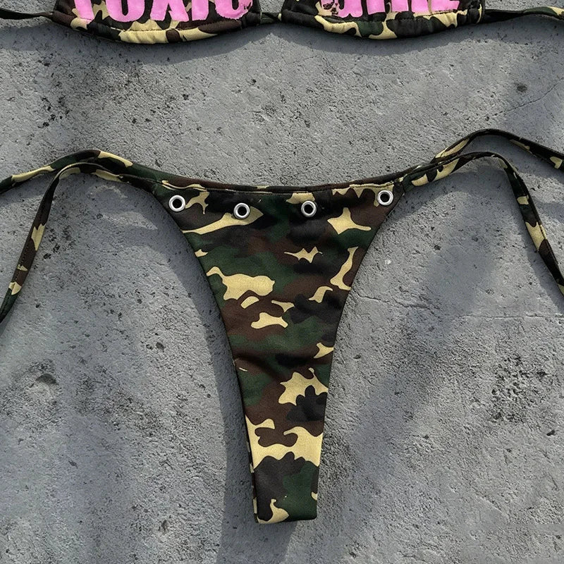 Women's Triangle Bikini Set Camouflage Print Sexy Y2K Micro Bikini Swimwear Summer Beach Vacation Party Bathing Suit For Female