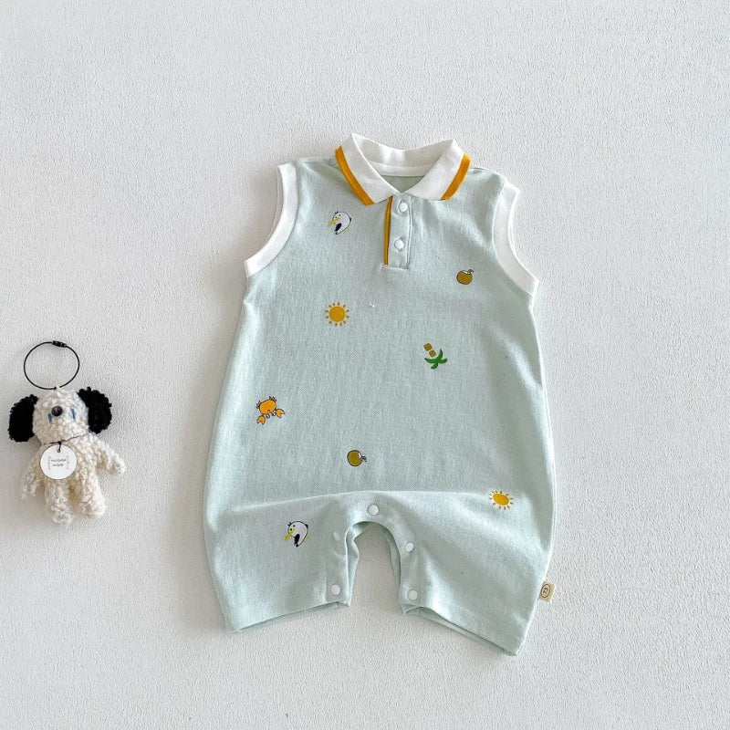2026 New Summer Baby Fashion Cartoon Printed Cotton Soft Sticky Collar Sleeveless Climbing Clothes