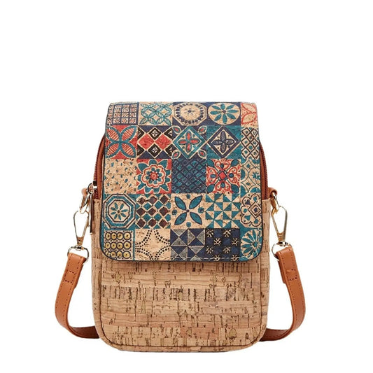 [Retro Bohemian] Bark Pattern Floral Print Mobile Phone Bag, Women's Magnetic Buckle Crossbody Bag, Ethnic Style Mini Square Bag, Portable Chest Bag, Shoulder Bag