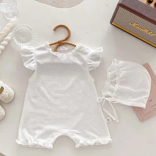 2025 New Summer Infant Baby Girls Bodysuits+Hat Sleeveless Cotton Flower Print Toddler Baby Girls Jumpsuit 0-24M Baby Clothing