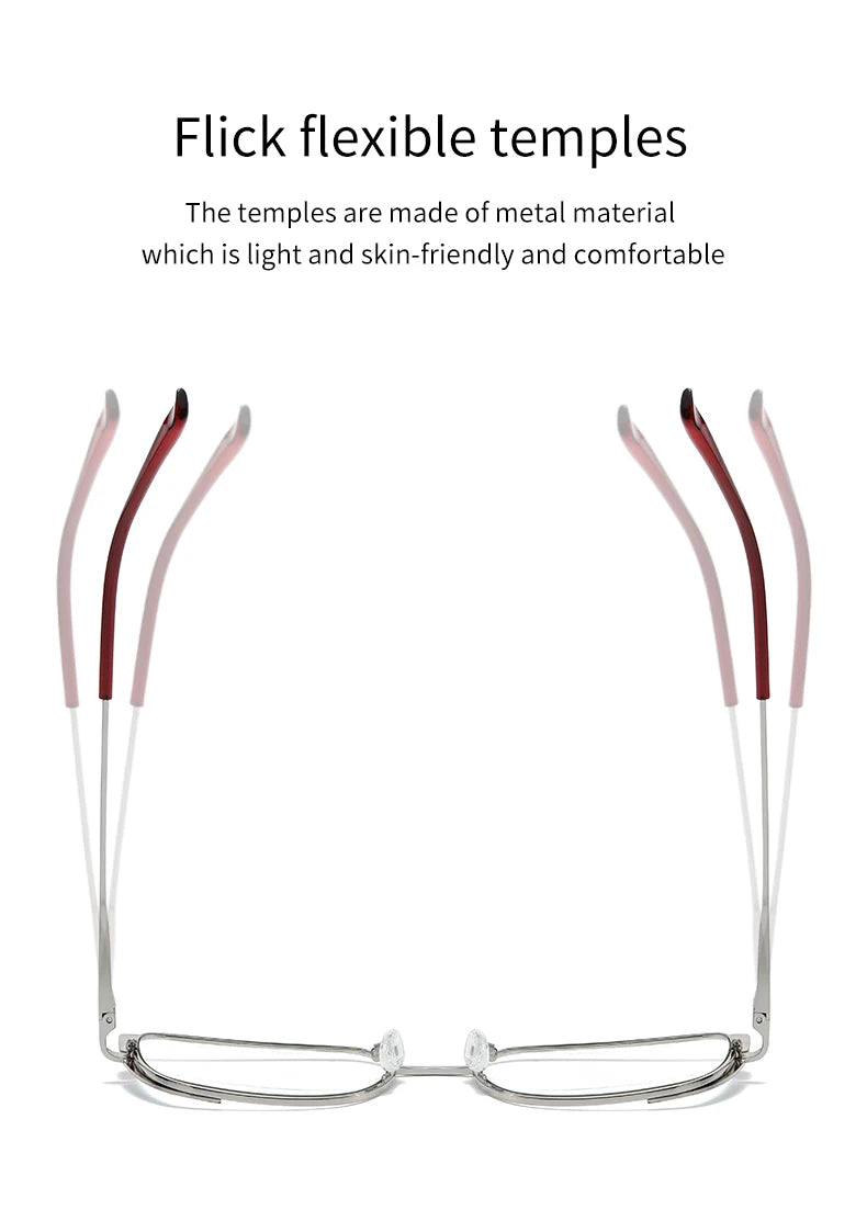 Fashionable anti-blue light glasses for women with a spring-legged metal frame in two colors; suitable for myopia.
